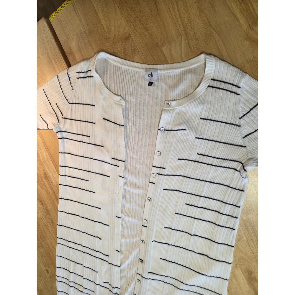 Cabi size large white long cardigan black stripe horizontal close knit cotton - Picture 8 of 13